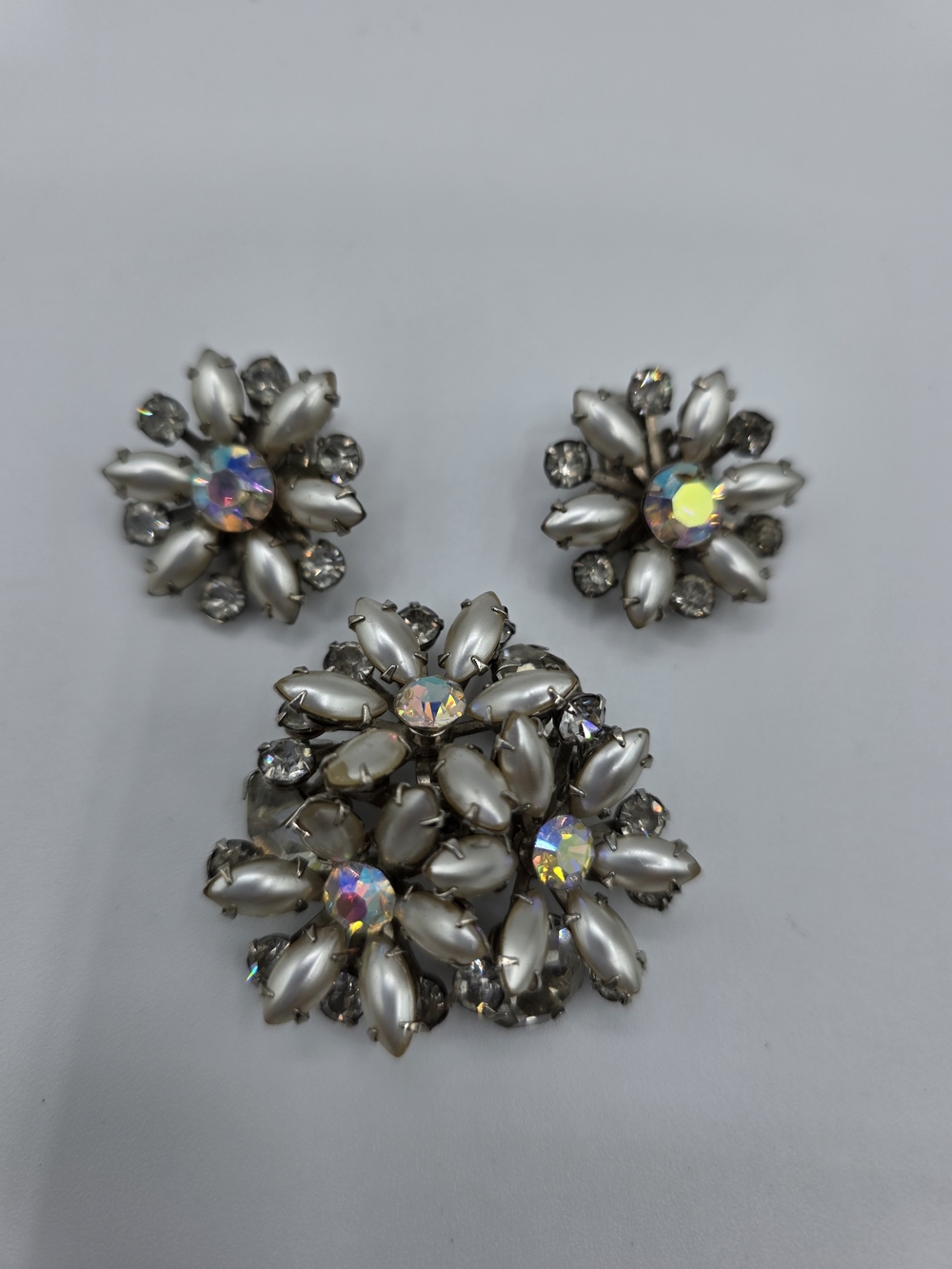 Pearl-Accent Aurora Crystal Floral Brooch and Earring Set